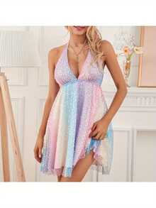 Women Sequin Glitter Layered Mini Dress Shiny Rainbow Spaghetti Strap Party Dress Clubwear Fancy Dresses For Women - màu tím nhạt - Xem 1