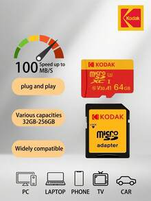 Kodak Original  Memory Card 64GB 128GB 256GB U3 4K Micro SD Card 32GB SDHC UHS-I C10 A1 V30 TF Trans Flash Microsd With Adapter - Red - View 1