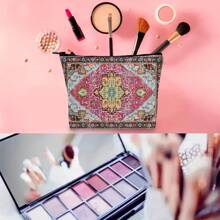 1pc Retro Bohemian Print Canvas Makeup Bag, Toiletry Wash Organizer Pouch & Gift Bag, Travel Storage Bag & Coin Purse, Lightweight, Foldable, Zippered, Machine Washable For Travel, Gym, Camping, Business Or Home Use, Chic Accessory, Perfect Gift For Women, Teachers, And Friends