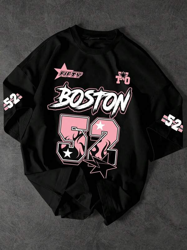 Men's Summer New Casual Round Neck Loose T-Shirt, Boston & No.52 Graphic, Versatile For Outdoor Sports, Running, Fitness, Outing, Parties, Made Of Soft Polyester, Machine Washable