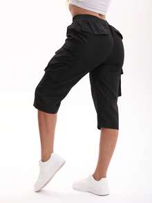 2025 夏季女士时尚工装七分裤，带松紧腰带和口袋，休闲街头服饰 - 黑色 - 查看 6