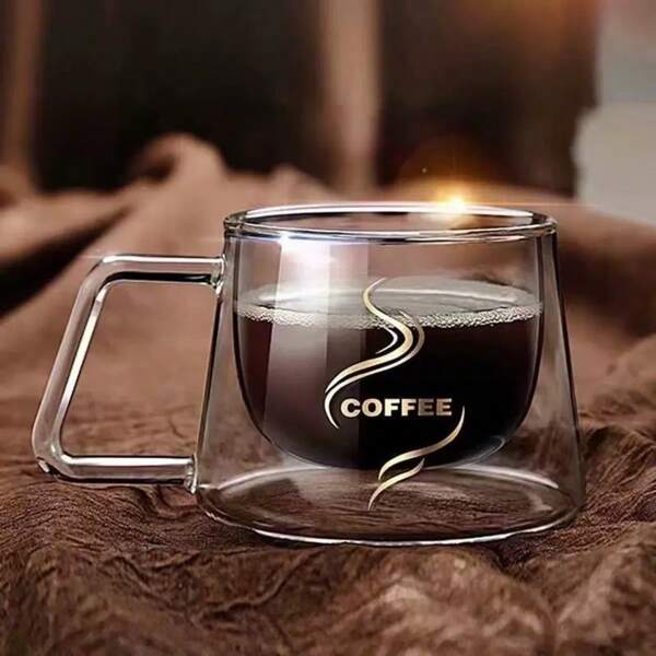 1 pièce Tasse à café en verre à double paroi avec poignées, transparente, garde-chaleur et anti-brûlure. Convient aux lattés, expressos, sachets de thé, cappuccinos. Accessoire de cuisine, adapté aux réunions familiales et comme cadeau d'anniversaire et de fête.