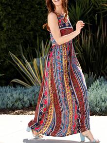 Boho Retro Polka Dot Rayon Mix Casual  Maxi Dress With Folded Cap Sleeve Side Pockets Versatile Summer Dress For Women - 彩色 - 查看 2