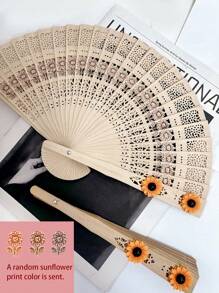 1pc Sandalwood Hollow Wooden Fan Wooden Fan Color Sandalwood Wooden Fan Hollow Folding Fan Printed Wooden Handicraft Fan Imitation Sandalwood Fan, Ideal Choice For Gifts