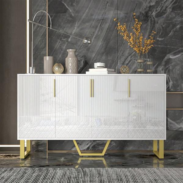Sairedel Aparador alto brilho, 4 portas, puxadores e pés de metal, desenho geométrico em branco, 140C*40L*80A