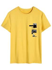 男士休闲字母图案圆领短袖T恤，夏季 - 黃色 - 查看 2