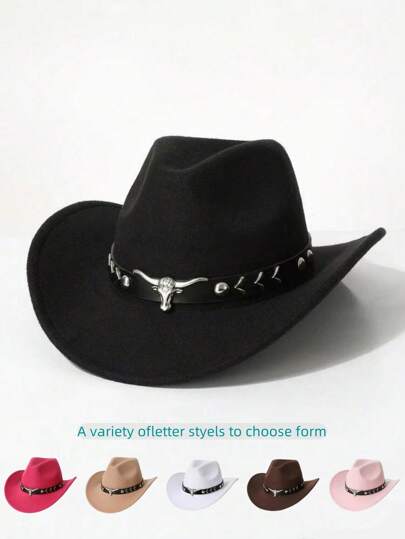 Chapéu de feltro feminino, 1 peça, cor sólida, em formato de coração, com aba enrolada, decorado com cinto de cabeça de touro em metal prateado, chapéu de cowboy ocidental estiloso, adequado para atividades ao ar livre, festas, apresentações, unissex