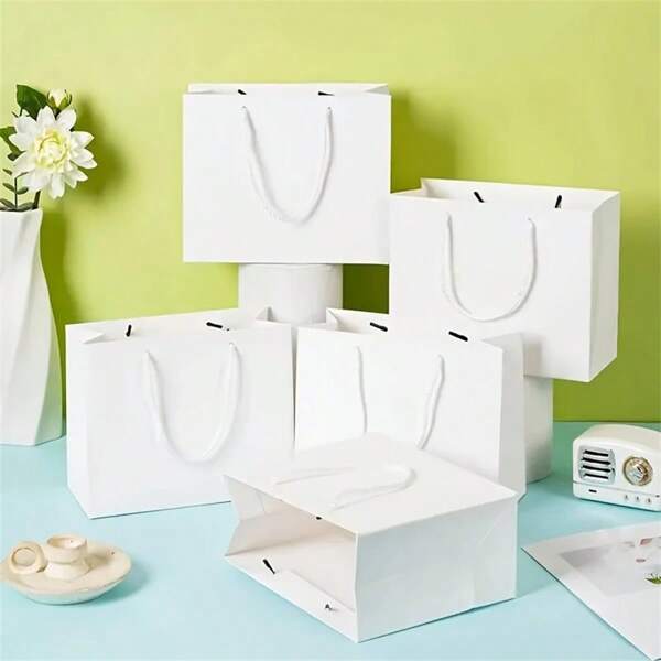 5pcs/10pcs Premium White Paper Bags With Pearl Handles - Elegant Minimalist Design For Birthdays, Weddings And Celebrations - Suitable For Various Gift Packaging