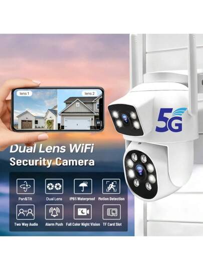 2.4G/5GHz Dual Lens Security Camera, 360° Rotating Tilting WiFi Surveillance Night Vision, Automatic Tracking, Two Way Audio, Outdoor Home Monitoring System, USB Power Supply, Motion Detection, Wireless, Security, Anti Social Attacks, Camera view 2