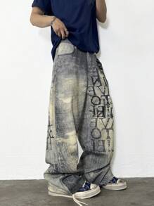 1 Stück Vintage-Stil grafischer Muster, locker sitzende, lässige Weite Bein Jeans Hose für Herren, Emo-Stil