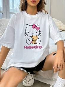 Sanrio Sanrio Hello Kitty Shirt 2025 Spring/Summer/Autumn New Loose T-Shirt For Women With Cartoon Pattern Short-Sleeved Cute Tops Girly And Versatile Home Wear Tops, Suitable For Home Life, Travel, Girlfriends, Couples