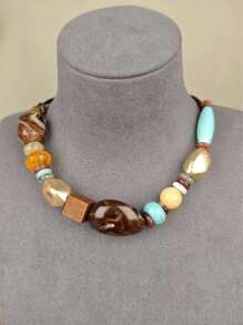 1pc Bohemian Style Turquoise Leopard Print Necklace With Inlaid Wooden Beads And Asymmetrical Colored Stones, Fashionable Exaggerated Necklace For Women, Suitable For Daily Wear, Banquet And Vacation