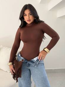 Women's Bodysuit Leotard Second Skin Long Sleeve High Neck Basic In High Fashion Blogger - 咖啡棕 - 查看 1