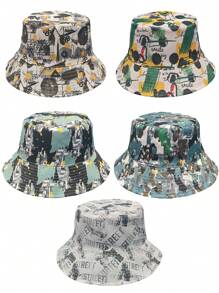 1pc Reversible Graffiti Print Street Style Bucket Hat, Polyester Fabric, Windproof & Decorative, Unisex, Suitable For Spring, Summer, Autumn