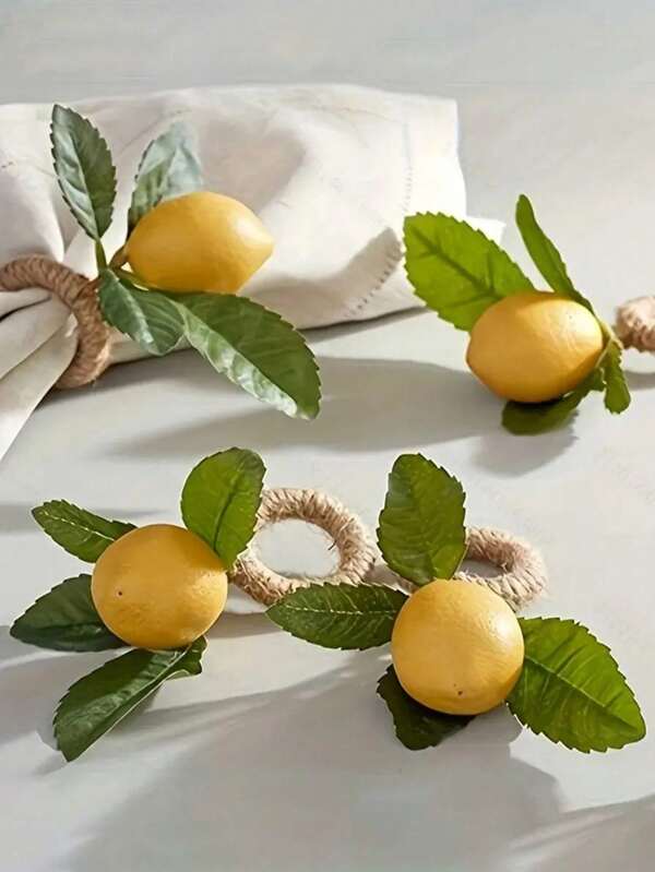 4 pièces Anneaux de serviette à texture de citron simulé, anneaux de serviette de plantes, clips de serviette à feuilles, anneaux de serviette de papier de fruits, décorations de table pour les fêtes d'anniversaire et les rassemblements