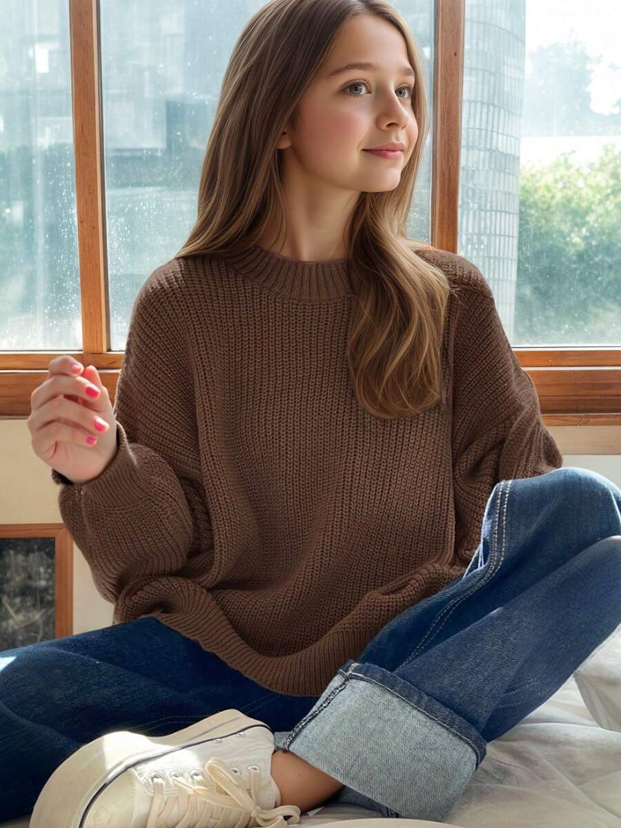 1pc Girls Casual Thick Pullover Sweater, Comfortable Student Knitwear For Autumn/Winter - Soft & Comfortable Solid Color Sweater, Brown Knitted Sweater
