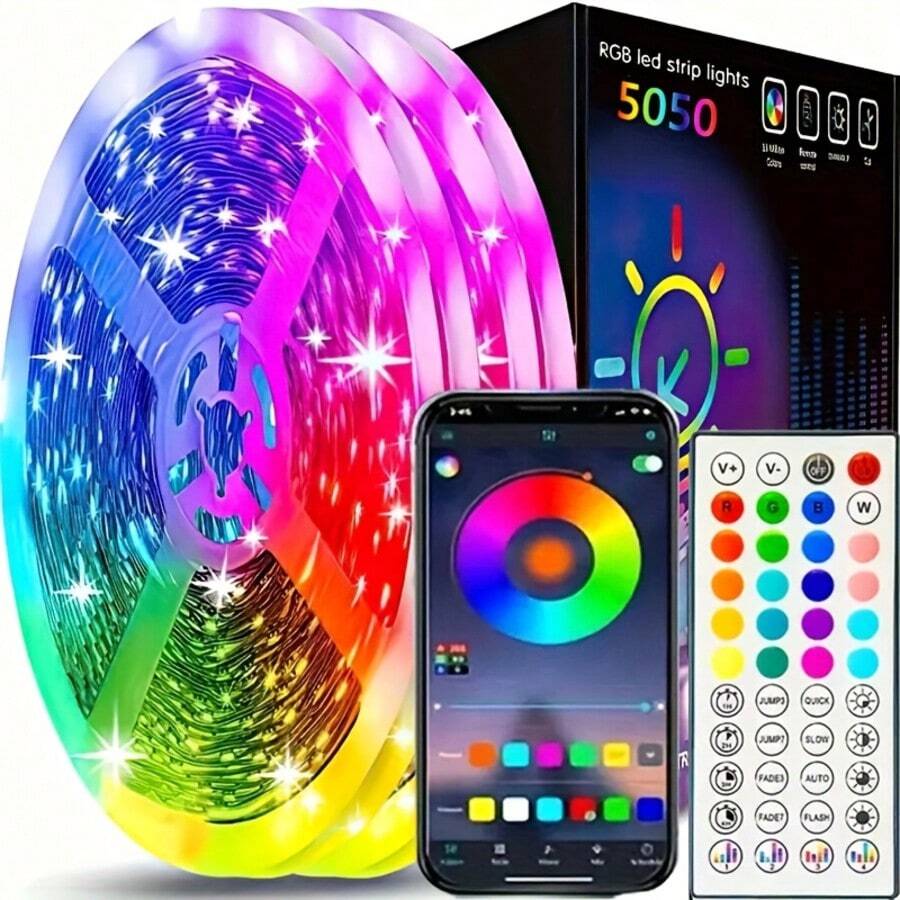 131英尺/100英尺/32.8英尺LED灯带,电视LED背光灯,5050 RGB LED灯带,带USB接口,可同步变色,可通过44键遥控器/App控制,适用于家居装饰、卧室、圣诞派对、节日房间装饰、家庭聚会等场合。 - 白色44鍵控制器-APP control - 查看 1