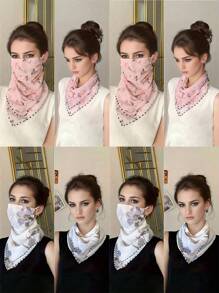 1PC 2025 Summer Sunscreen UV Flower Pattern Veil, Ice Silk Breathable Face Protection Triangle Silk Scarf Women's Ear Hanging Neck
