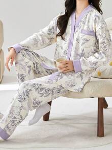 2pcs Women's V-Neck Pajamas Set, Long Sleeve Top & Pants, Soft Homewear For Spring/Autumn, Fall Winter Clothes