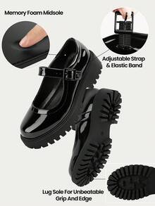 Musshoe Black Shoes Mary Jane Shoes Women Platform Chunky Flats For Women Buckle Strap Round Toe Shoes Oxfords - Black Mirror - View 3