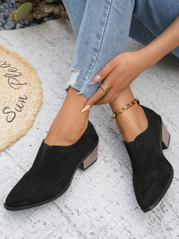 Women's Black Suede Pointed Toe Chunky Heel Short Boots, Versatile Casual Commuting Daily Wear & Boho Outdoor, Spring/Autumn