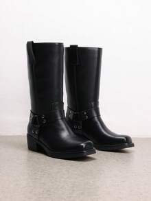 Dream Pairs Women's Motorcycle Boots Fashion Casual Slip-On Buckle  Square Toe, Western Boots Chunky Heel  Autumn & Winter Tall Boots,Knee High Boots , Mid-Calf Boots For Festival Go With Dress Black Boots - 黑色 - 查看 5