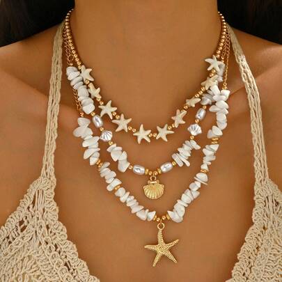Juego de 3 collares con colgantes de piedra personalizada, perla de CCB, turquesa, estrella de mar y concha marina, estilo bohemio de vacaciones en la playa