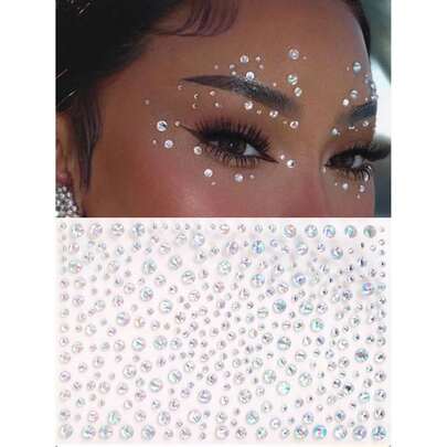 1Sheets 325pcs Large Sheet Multisize 3D Simulated Gemstone Eye & Face Decoration Stickers,White Glittery Stereo Gem Stickers Makeup Holiday Party Y2K Style Music Festival DIY Eyes Face Jewels Stickers Suitable For Dance Performances Parties And Stage Cosplay Concert Wedding Fake Tattoos