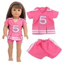 1 Set Pink Short Sleeve Top And Shorts Outfit For 18-Inch Doll, Embroidered Numeric Striped Design, Does Not Include Doll And Shoes, Perfect Gift For Little Girls On Holidays And Birthdays