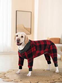 1pc Medium Large Dog Puppy Plush Cozy Classic Checks Warm Pajamas Elastic Winter Apperal Clothing For Labrador Rottweiler Beagle - Khaki - View 11