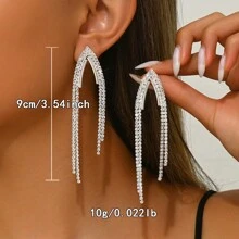 1 par de pendientes largos con flecos en forma de V invertida y adornos de rhinestone, en estilo europeo y americano, adecuados para vestidos de noche