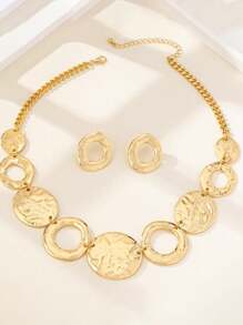 3pcs/Set Elegant Geometric Necklace+Earring Jewelry Set, Asymmetrical Circle Hammered Hollow Design, Fashion Minimalist, Suitable For Daily, Holiday, Party, High-End Luxurious Accessories