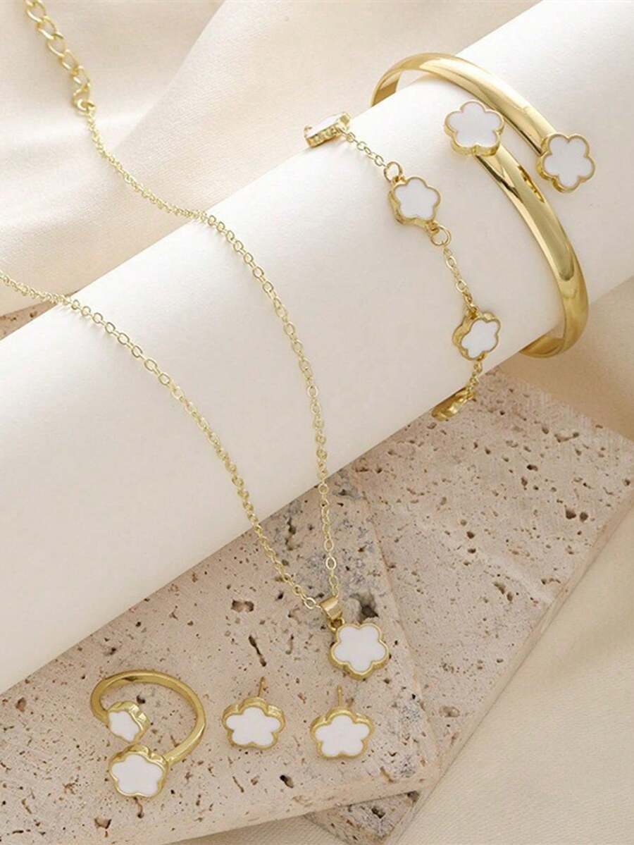 6 件套时尚四叶草耳环、项链、手链、戒指首饰套装，情人节、母亲节礼物，幸运四叶草手链、项链、耳环、手链、戒指 5 件套，5 瓣花时尚幸运耳环、项链、手链、戒指套装