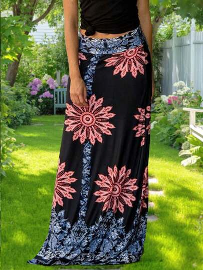 妈妈秋冬必备！复古印花宽松修身半身裙，休闲百搭中老年女士夏季，复古印花高腰修身半身裙，休闲百搭中老年女士