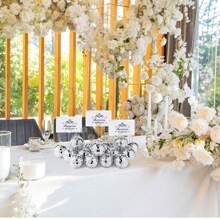 10 piezas Soportes para fotos + 10 piezas Soportes para tarjetas de nombre de bolas de discoteca doradas, soportes para números de mesa con bolas de discoteca doradas y alambre retorcido, y tarjetas de lugar para exhibir el menú en bodas, fiestas de cumpleaños (5 cm)
