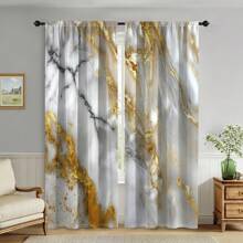 2pcs Bohemian Abstract Marble Pattern Blackout Curtains - Gray, White & Golden Design For Kitchen, Living Room, Or Bedroom Privacy Protection, Washable Polyester Fabric, Elegant Modern Decor, Curtains For Living Room