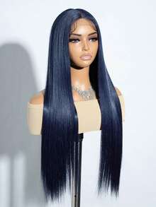 Blue Wig Long Straight Navy Blue Synthetic Lace Front Wigs Pre Plucked Natural Hairline Heat Resistant Fiber Hair Cosplay Daily Wear Wig - 藍色 - 查看 6