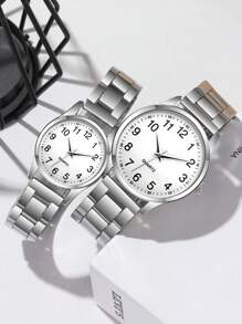 2 Peças Relógio de Casal Casual de Negócios na Moda, Mostrador Digital Redondo Versátil com Pulseira de Aço, Conjunto de Presente de Dia dos Namorados, Adequado para Feriados, Festas, Casamentos, Volta às Aulas, Natal, Ação de Graças, Halloween, Páscoa, etc.