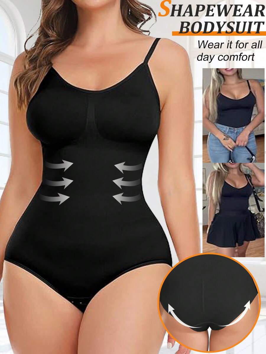 Shapewear Bodysuits For Women Tummy Control Full Body Shaper Belly Abdomen Compression Tank Top Vest Underwear Seamless Spaghetti Strap Sleeveless - 黑色 - 查看 1