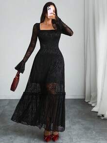 Rochie gotică sexy și elegantă din dantelă roz cu căptușeală dublă, cu fustă mare, potrivită pentru naveta, întâlniri și vacanță - Negru - Vizualizare 6