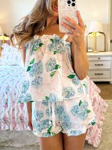 Women Y2k Floral Pajama Set Bow Tie Shoulder Strap Sleeveless Flowy Smocked Crop Tank Top And Ruffle Boxer Shorts Sets 2 Summer Cute Sleepwear Pjs Loungewear - 藍色 - 查看 5