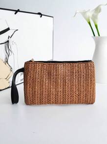 Women's Brown Woven Bohemian Style Clutch Bag, Suitable For Vacation