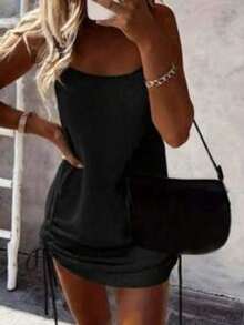 性感大码黑色中长连衣裙，适合夏季女式无袖细肩带度假装