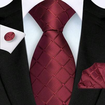 Set de 3 piezas de corbata burdeos a cuadros de 8 cm, pañuelo de bolsillo y gemelos para hombre - Juego de corbata formal de alta calidad para boda, fiesta o negocios