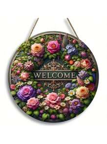 1 Stück, Blumen Willkommensschild, rundes Holzschild, Mitteldekoration mit Blumenkranz, Muttertagssegen, Sommerschild, Bauernhausdekoration für die Wand, Veranda Dekoration, perfektes Geschenk für Damen, aus künstlichem Holzmaterial.