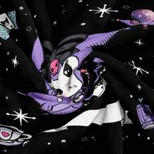 Sanrio Kuromi Anime Decke mit Motiv der Zauberball-Karte - Hergestellt aus gestricktem Polyesterfleece, moderner Digitaldruck, Cartoon-Thema, Katzenbekleidung, bequeme Wohndekoration-Decke für alle Jahreszeiten, maschinenwaschbar