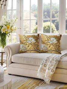 1/2/4pcs Elegant Golden Magnolia Branch Throw Pillow Covers, 17.7x17.7 Inch, Soft Short Plush, Zippered, Decorative Cushion Cases For Living Room, Sofa, Patio - Hand Wash Only, No Insert, Decorative Pillow,Fall Decor,Autumn Decor,Room Decor - Gold - View 5