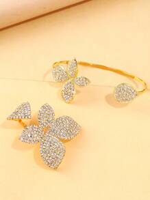 1 Set Boho Floral Open Ring Bangle Bracelet Set For Women, Minimalist Crystal Flower Bride Wedding Jewelry Accessories