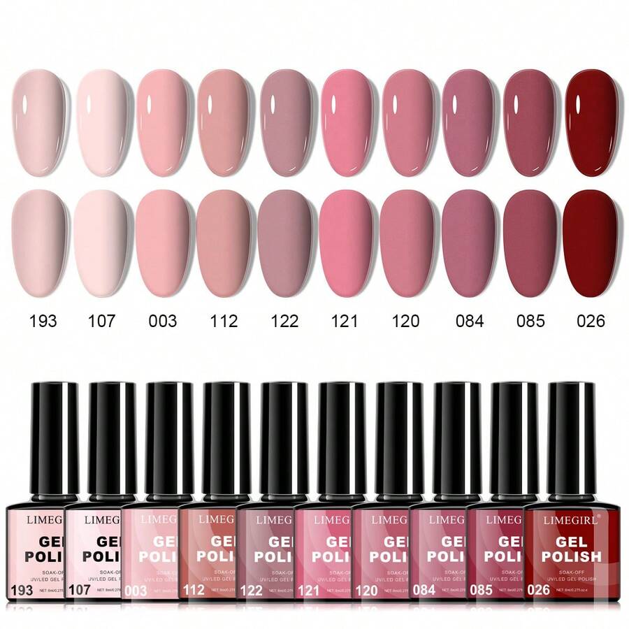 LIMEGIRL 10色凝胶指甲油套装，裸色、粉色、中性色，四季通用UV凝胶指甲油套装，沙龙DIY美甲礼盒