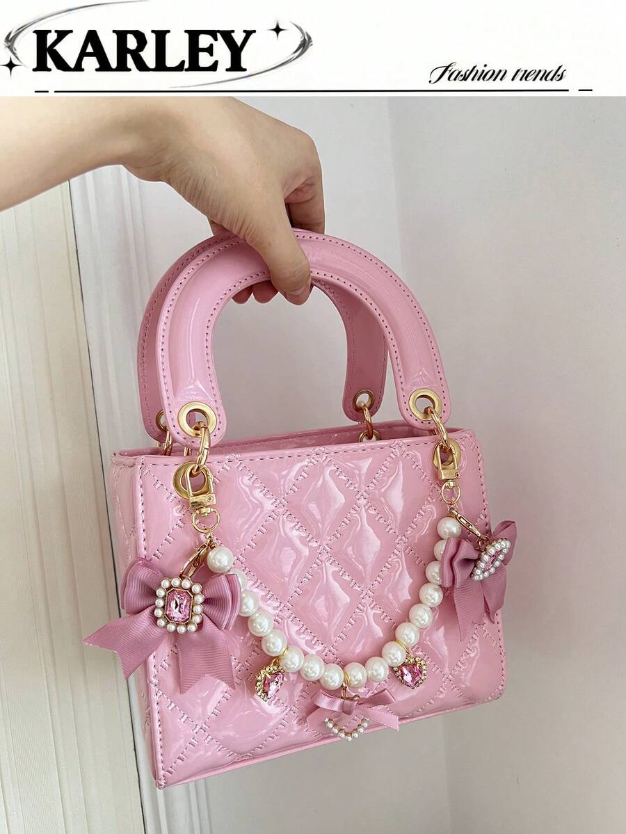 1pc PU Leather Quilted Handbag With Embroidered Strap, Versatile Lacquered Leather Tote Bag, Structured Mini Crossbody Bag, Geometric Pattern Purse - Pink - View 1